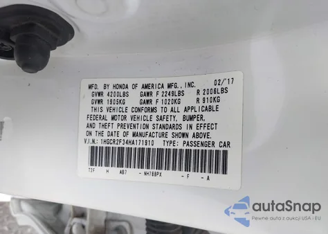 2017 Honda Accord Lx from USA, damaged, VIN 1HGCR2F34HA171910